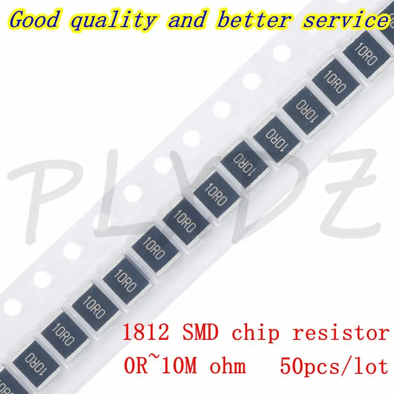 Resistencia SMD de 50 piezas, 1812, 5%, 0,75 W, 0 ~ 10M, 0, 2, 3,3, 5,6, 10, 12, 20, 30, 36, 47, 51, 82, 100, 200, 680, 820, 1K, 2K, 6,2 K, 10K, 20K, 22K 200K ohm 1M