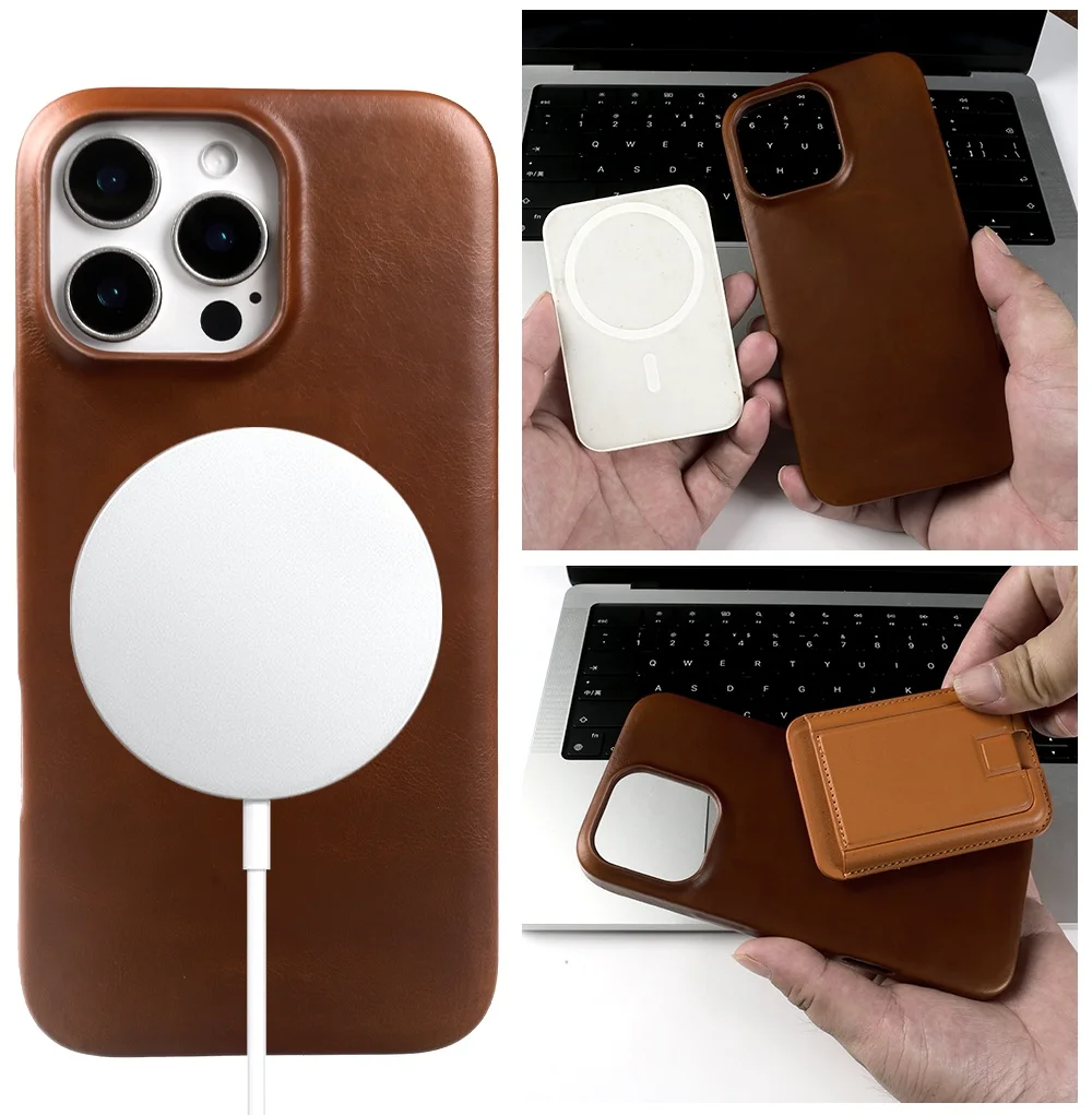 Funda de cuero genuino Vintage completamente envuelta para Iphone 16 Pro Max 15 14 13 12 11 funda de teléfono Magsafe magnética de cera de aceite de negocios - imagen 3