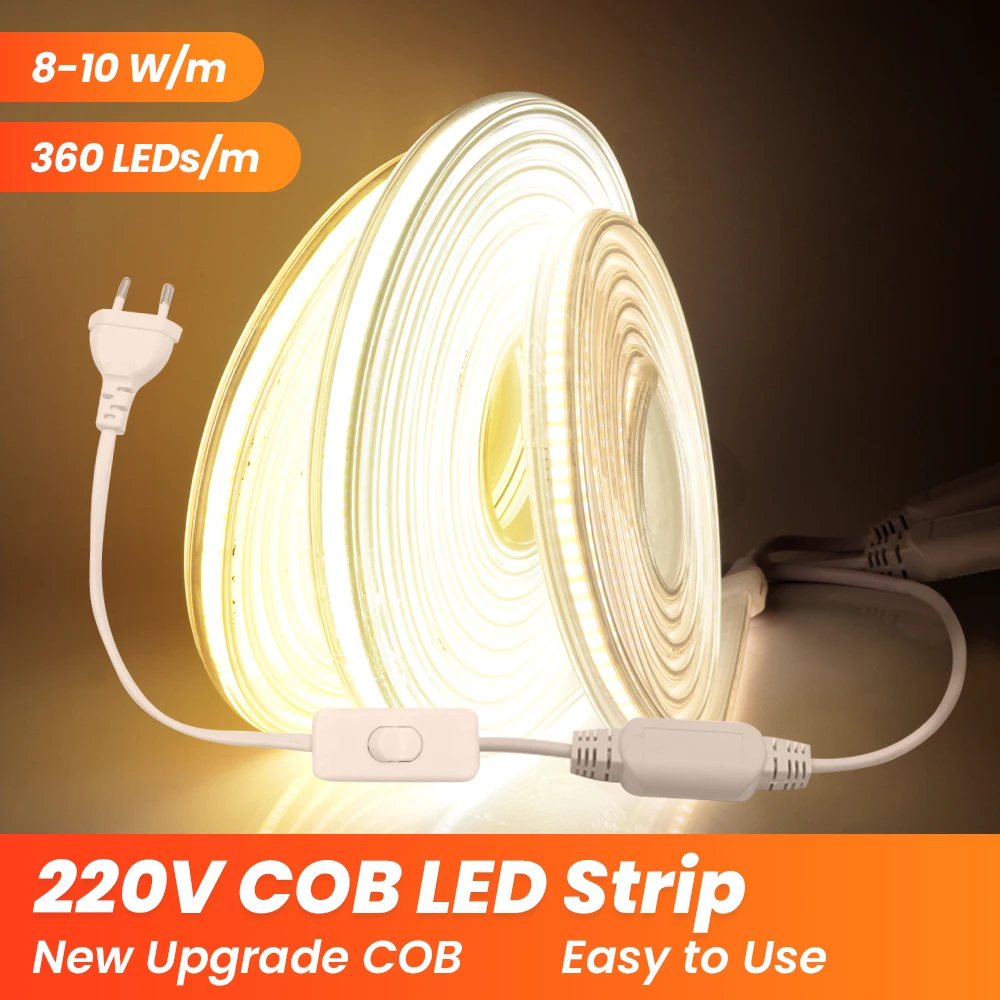 AC220V 100M COB luz LED súper brillante 360LEDs/m tira de LED barra de luz COB Flexible al aire libre IP65 tira de luz LED impermeable + enchufe