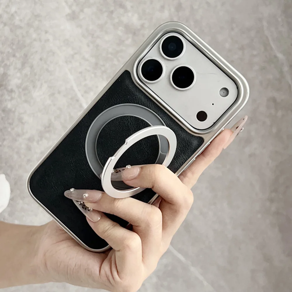 Funda de teléfono de cuero con soporte magnético y anillo magnético giratorio para iPhone 17 16 15 14 13 Pro Max Plus, funda protectora híbrida chapada en aire - imagen 3