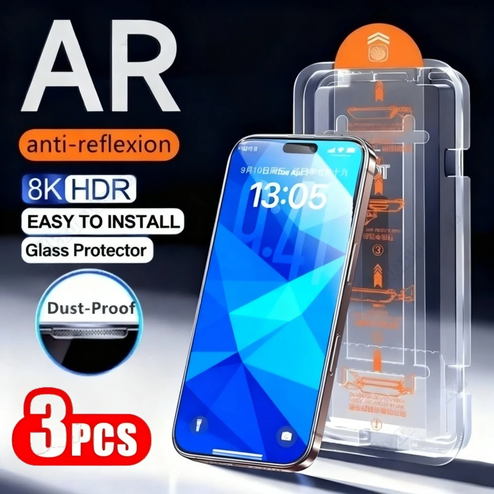 Protector de pantalla de cubierta completa de 3 uds para iPhone 17 16 15 14 Pro Max Air 16 15 Plus 13 12 11 Pro XS XR vidrio de instalación con un clic