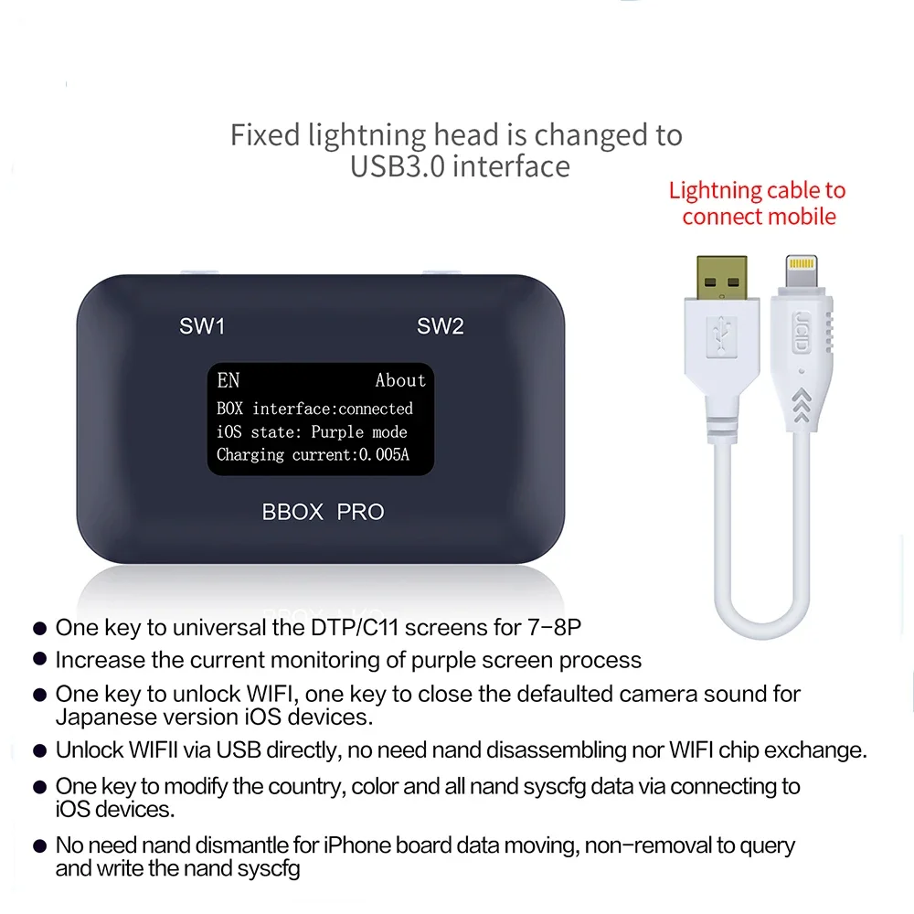 JC JCID B BOX /B BOX Pro DFU Box, ventana, Cable DCSD, IOS, A7-A11, una tecla, modo púrpura, IPhone, IPad, modificar NAND Syscfg, lectura de datos y escritura - imagen 5