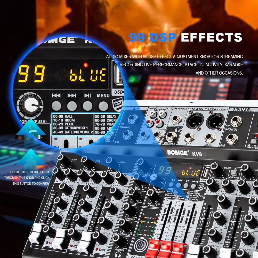 Mezclador de Audio profesional de 4, 6, 8 canales, consola mezcladora de sonido con interfaz USB, 99DSP, 48V, alimentación fantasma para grabar transmisión - imagen 4