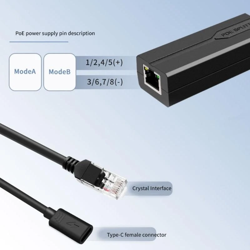 Adaptador divisor USB C POE IEEE 802.3af/at 48V a 5V USB C convertidores de corriente adaptador PoE a USB C para dispositivo de red - imagen 2