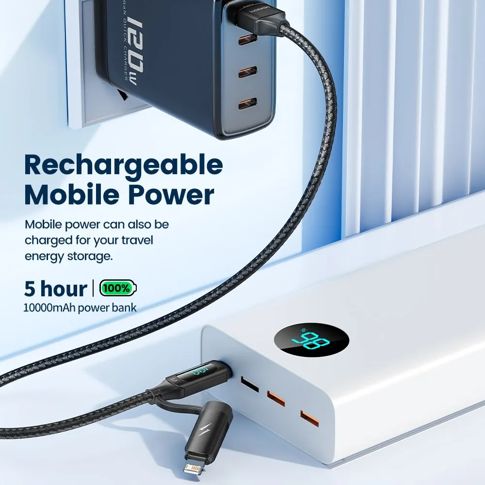 Toocki 2 en 1 Cable USB tipo C 100W Cable de iluminación de pantalla de carga rápida para iPhone 14 13 12 Macbook Huawei Xiaomi Samsung S23 - imagen 3