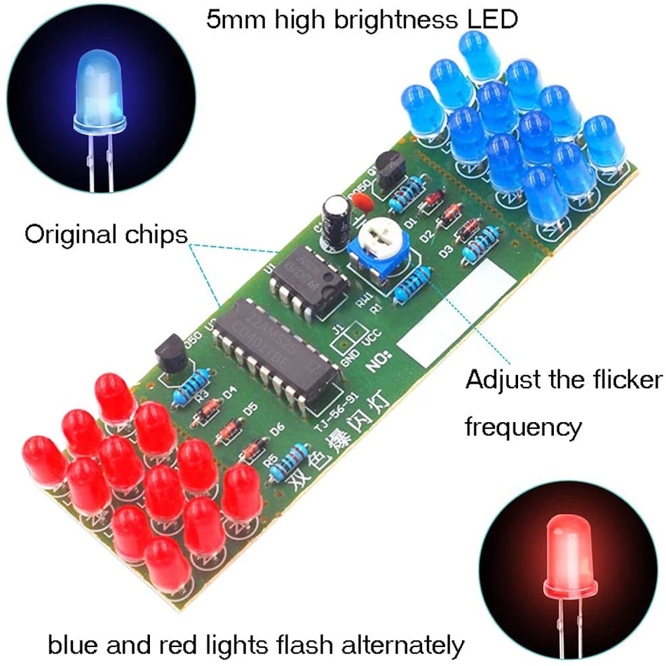 Kits de luces electrónicas LED NE555 CD4017 IC, Kit DIY de doble Color rojo y azul, traje electrónico estroboscópico, componentes de luces intermitentes DIY - imagen 2