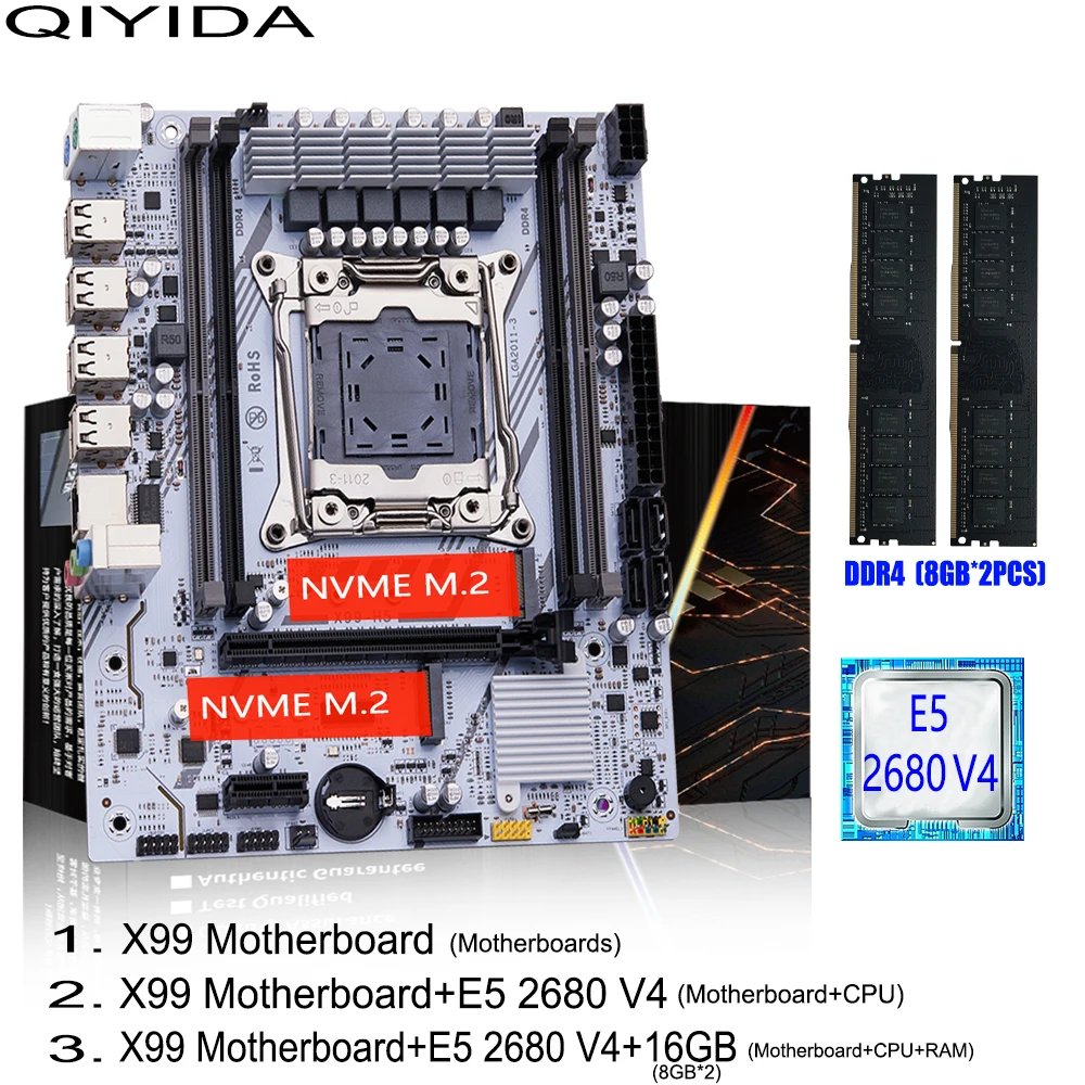 QIYIDA X99 Juego de placa base Xeon LGA2011-3 E5 2680 V4 2x8gb = 16GB DDR4 SATA PCI3.0 NVME M.2 X99H5 computadora para juegos