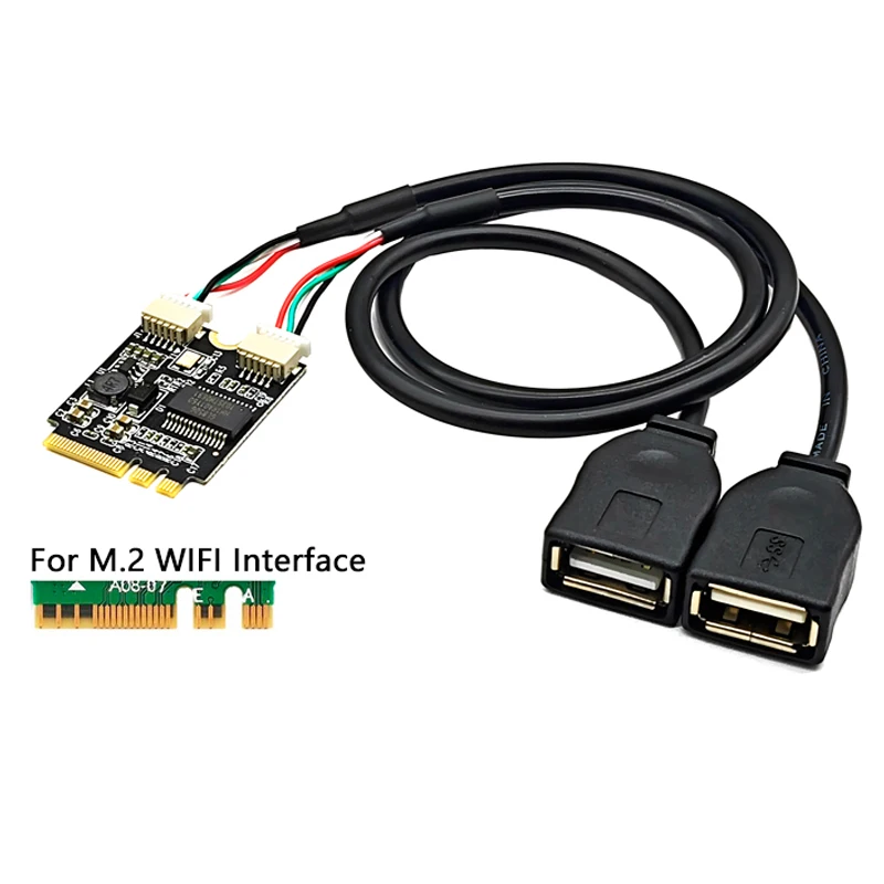 M.2 Key A/E a 2 puertos USB2.0 tarjeta elevadora GL850 Chip 30cm Cable de extensión USB portátil M2 interfaz WIFI clave A + E a adaptador USB Dual
