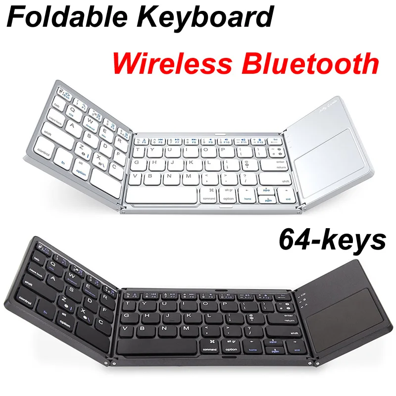 Teclado Bluetooth inalámbrico plegable de 64 teclas, panel táctil ultradelgado, batería recargable, plegable para tableta, portátil, teléfonos móviles