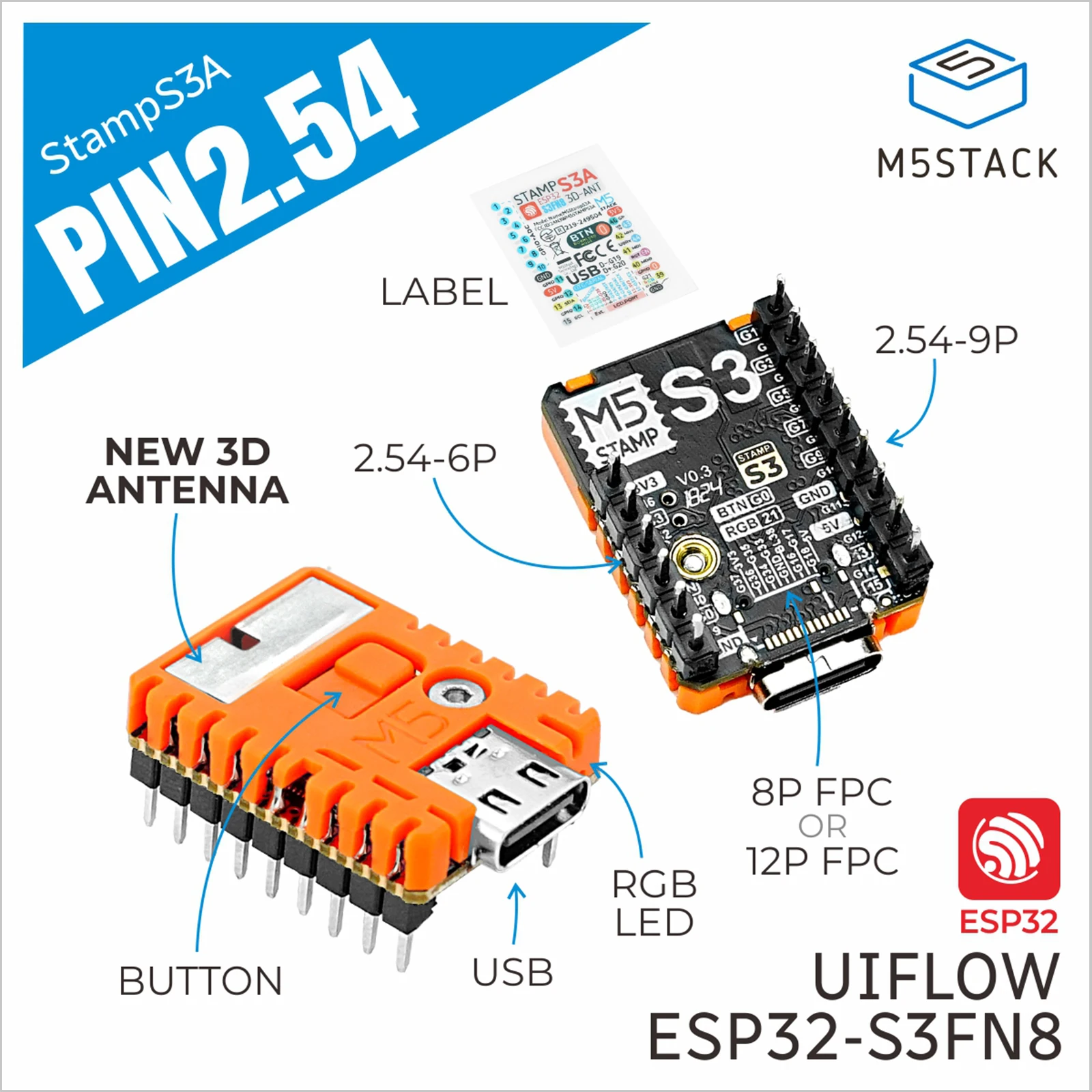 M5Stack Oficial M5StampS3A con pasador de encabezado 2,54
