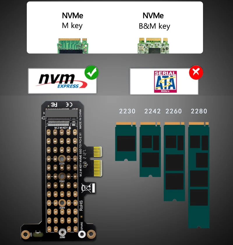 M.2 NVME B & M Key a PCIe 4,0/3,0 X1 x1 X4 x8 x16 tarjeta adaptadora de interfaz placa base de PC para disco duro SSD 2230 2242 2260 2280 - imagen 5