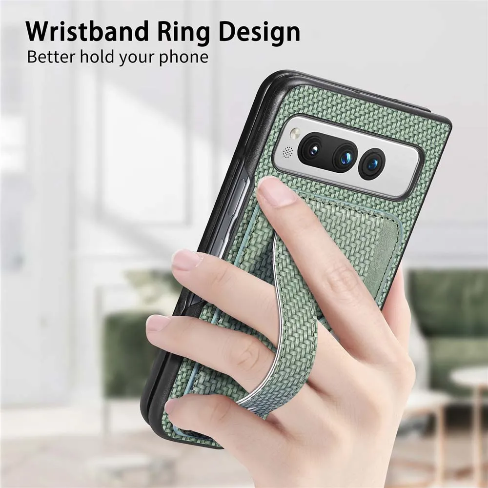 Funda plegable para Google Pixel a prueba de golpes, protector de lente, pulsera, ranura para tarjeta, soporte, carcasa de cuero PU, funda con textura de carbono - imagen 4