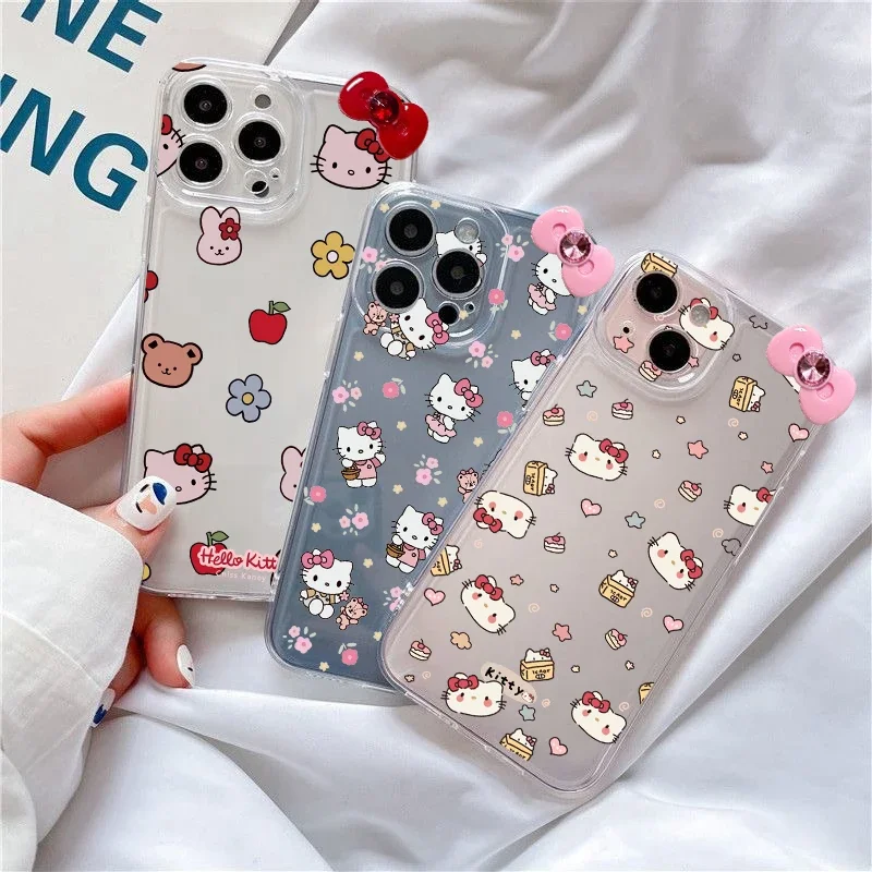 Funda de teléfono para IPhone 16 15 14 12 11 Pro Max 13 Mini 16E XR 8 Plus SE4 Hello Kitty Bow Clear Creative Cámara Fundas protectoras