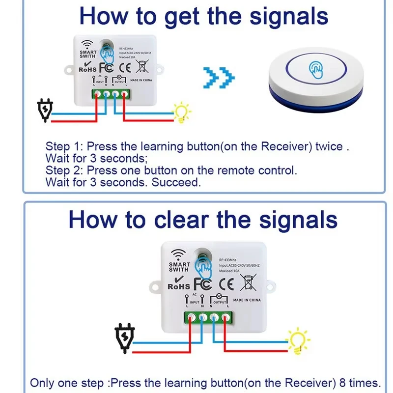 Mini interruptor de Control remoto, módulo receptor de relé, transmisor RF 433Mhz, interruptor de luz redondo, Panel inalámbrico de 10A para dormitorio - imagen 5