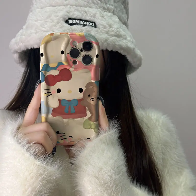 Funda de teléfono bonita de Hello Kitty para iPhone 16 15 14 13 12 11 Pro Max Mini X XR XSMAX 8 7 6S Plus 3D Wave suave TPU contraportada - imagen 3