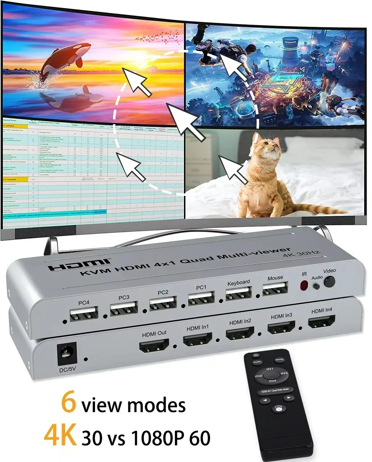 Multivisor HDMI 4K 4x1 Quad multivisor conmutador continuo 4 en 1 salida 1080p60 6 modos de visualización para cámara PS4 PC a Monitor de TV - imagen 2