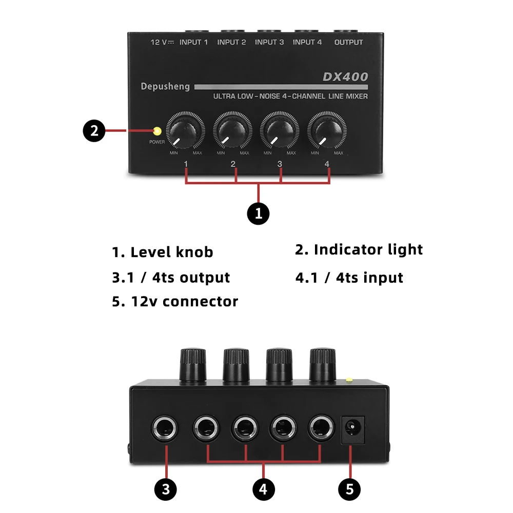 Mezclador de línea de 4 canales de ruido Ultra bajo mejorado Depusheng DX400 Mini mezclador de sonido fuente de alimentación DC5V fácil operación Dropshipping - imagen 2