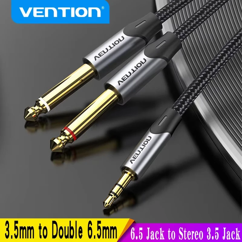 Vention Cable TRS de 3,5mm a doble 6,5mm AUX macho Mono 6,5 Jack a estéreo 3,5 Jack Cable de Audio para amplificador mezclador adaptador de 6,35mm