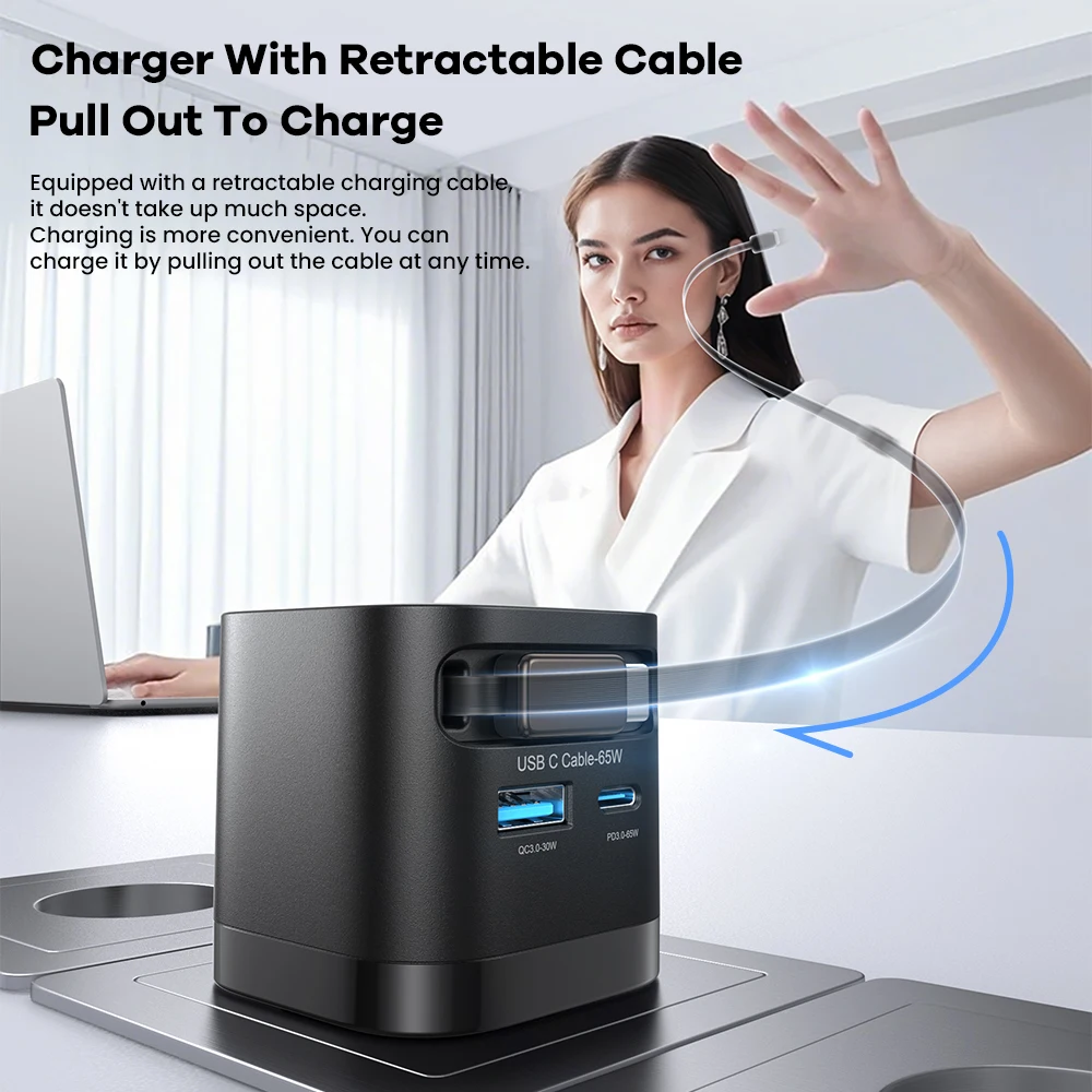 Cargador USB GaN de 65W con Cable retráctil tipo C, cargador rápido QC4.0 PD3.0 PPS de 3 puertos para Macbook, portátil, iPhone 16, 15, 14, Xiaomi - imagen 3