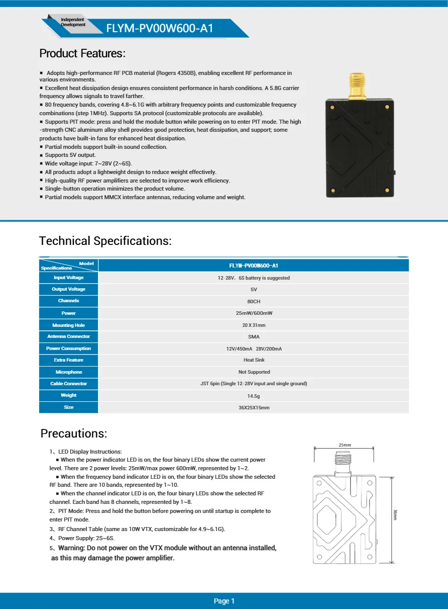 600mW Alta potencia 5.8G Transmisión de imágenes Potencia ajustable Fotografía aérea Viaje FPV - imagen 5