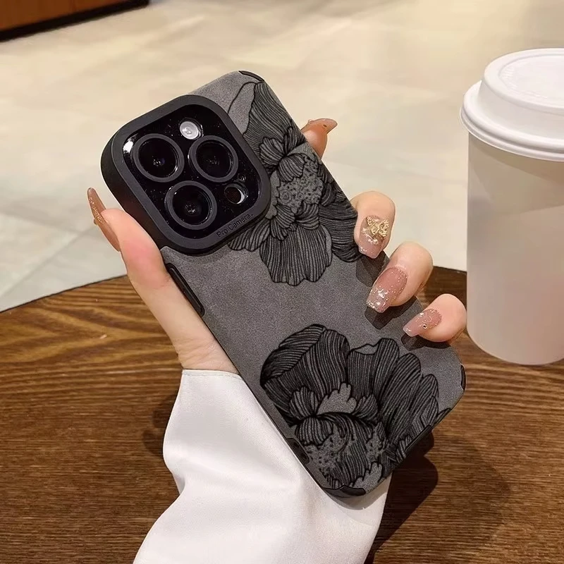 Funda de teléfono con patrón de flores y boceto de cuero sintético de lujo para iPhone 17 16 15 14 13 12 11 Pro Max Plus 17 Air XR X XS Max