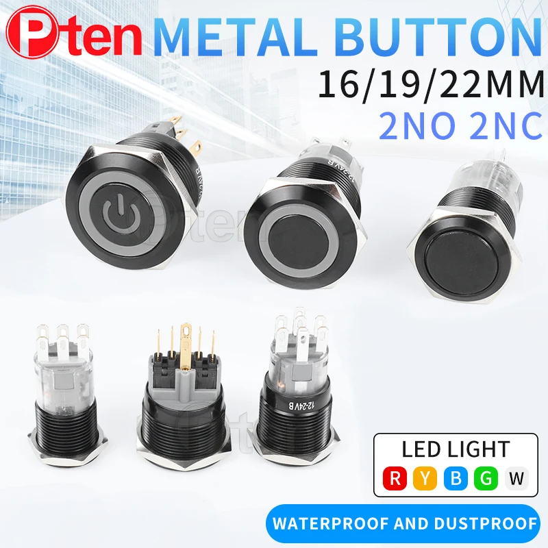 Interruptor de botón de Metal impermeable 2NO2NC, interruptor de encendido de motor de coche momentáneo de luz LED, 3/6/12/24/220V, negro 1NO1NC, 16/19/22mm