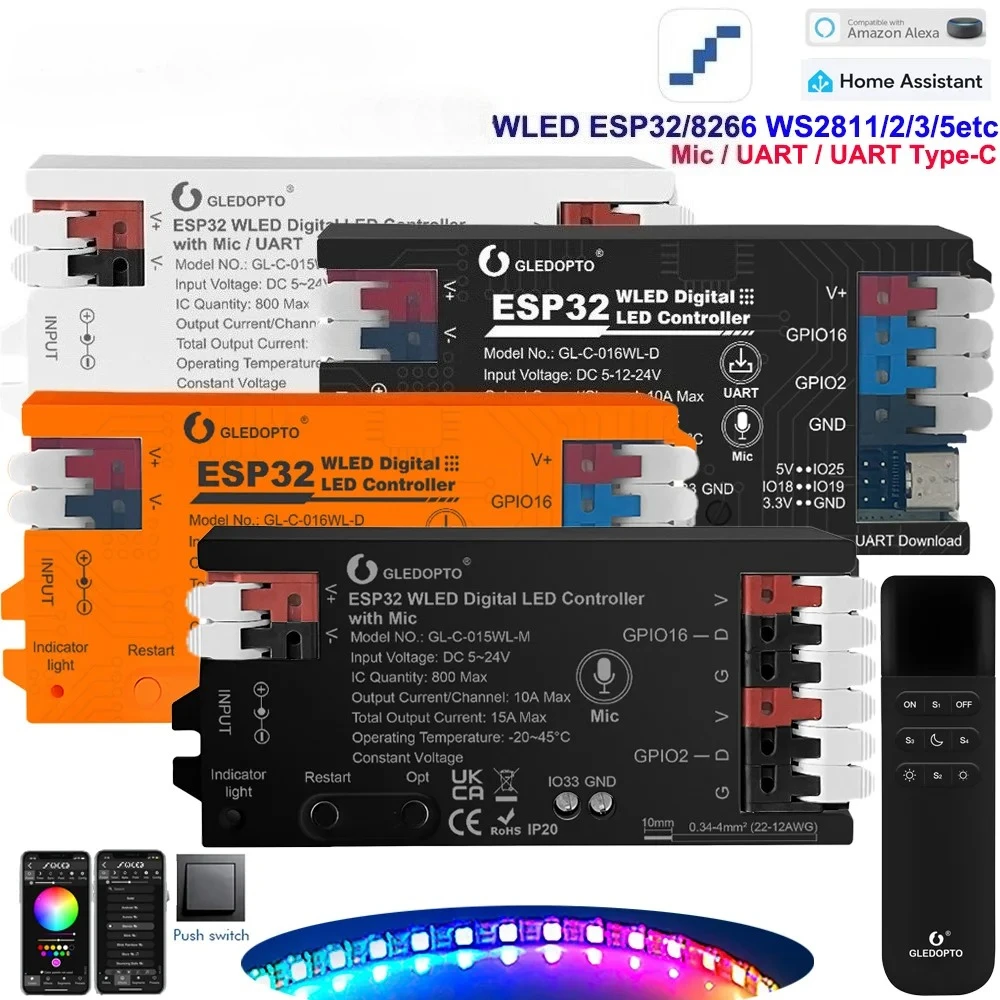 Controlador LED Gledopto ESP32 8266 WLED con micrófono, sincronización de música compatible con tiras de luces WS2811/2812B/WS2813/2815/SK6812 - imagen 2