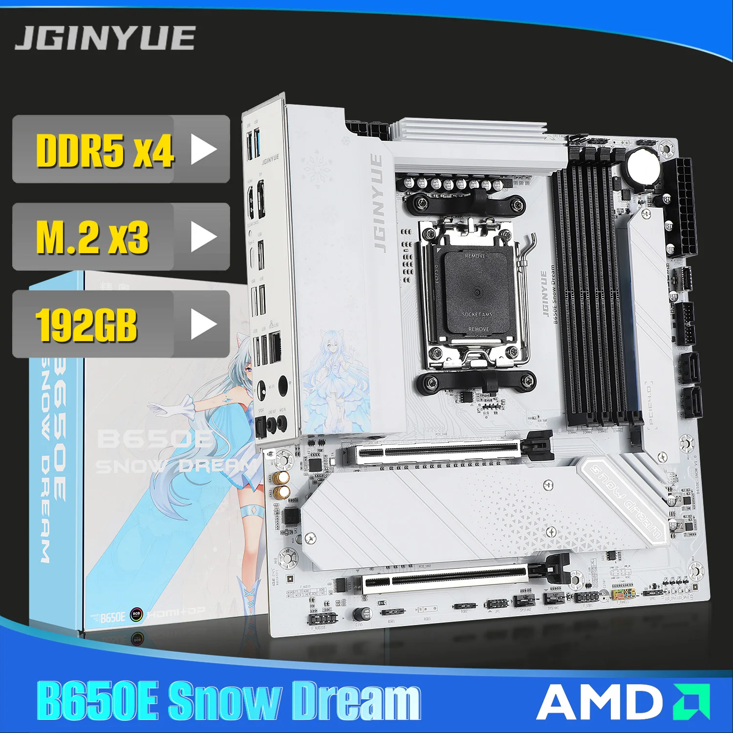 Placa base para juegos JINGYUE B650E SNOW DREAM AMD AM5 Socket 192GB DDR5 3 M.2 disipador de calor con sincronización ARGB HDMI DP tipo C