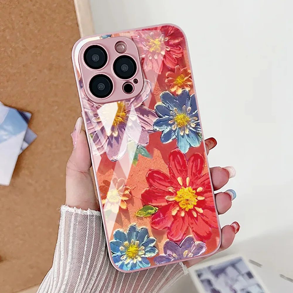 Funda de teléfono con pintura al óleo de flores para iPhone 16 13 17 15 11 12 14 Pro Max 17 Air 16E 8 7 Plus XR SE 2022 2020 cubierta de vidrio templado - imagen 2