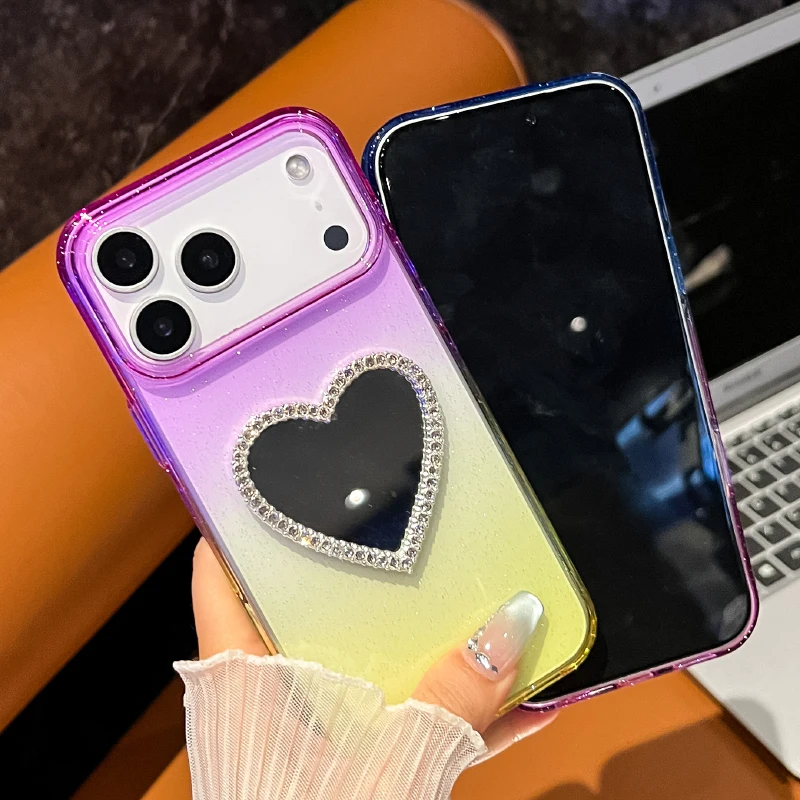 Funda de teléfono con parachoques de espejo en forma de corazón con purpurina de colisión de Color degradado de lujo para iPhone 17 Pro Max 17 cubierta trasera a prueba de golpes de aire - imagen 3