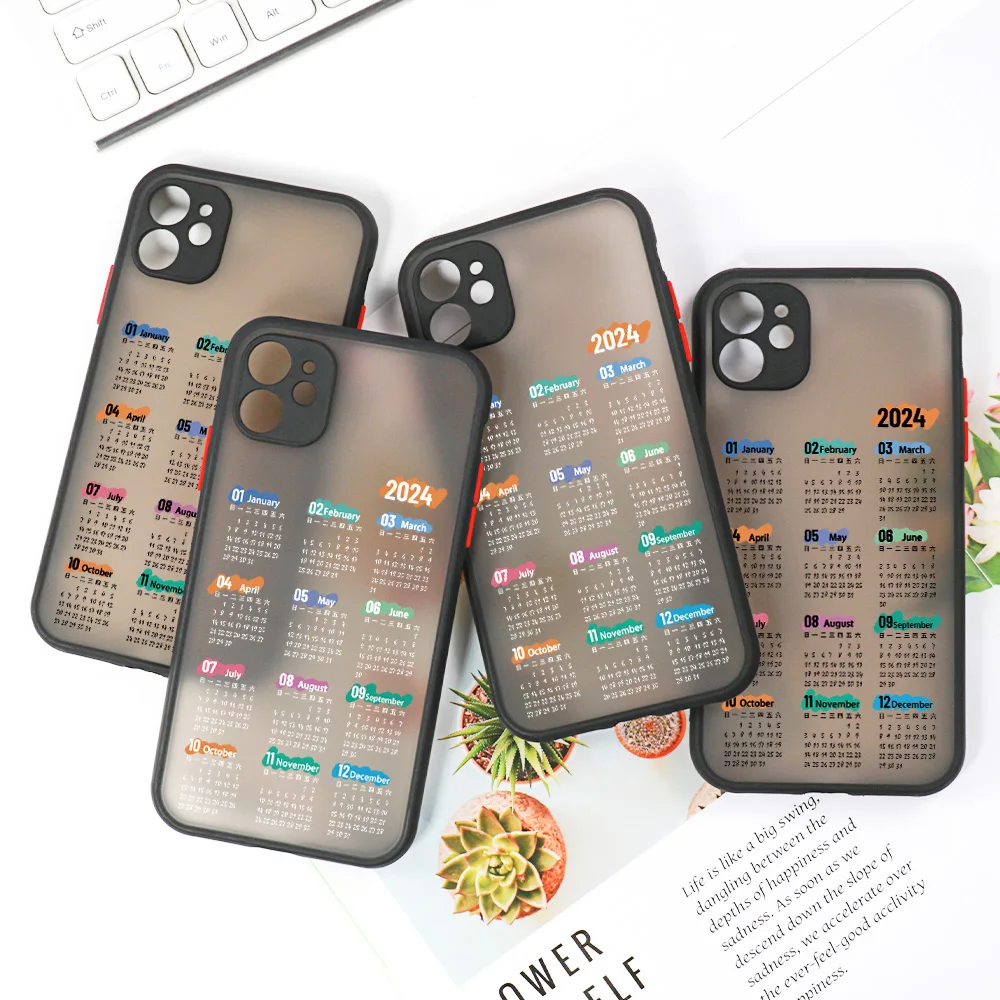 Funda de teléfono mate dura para iPhone 11, 13, 14, 15 Pro Max, XR, X, 7, 8 Plus, SE 2020, 12 Mini, 13Pro Max, Fundas pintadas con calendario