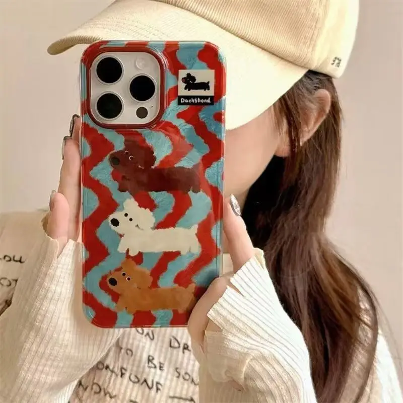 Funda de teléfono para iPhone 11, 12, 13, 14, 15 16 Pro Max XS X XR 7 8 Plus, carcasa perforada con forma de remolino, cubierta para perros salchicha a rayas con grafiti IND - imagen 3