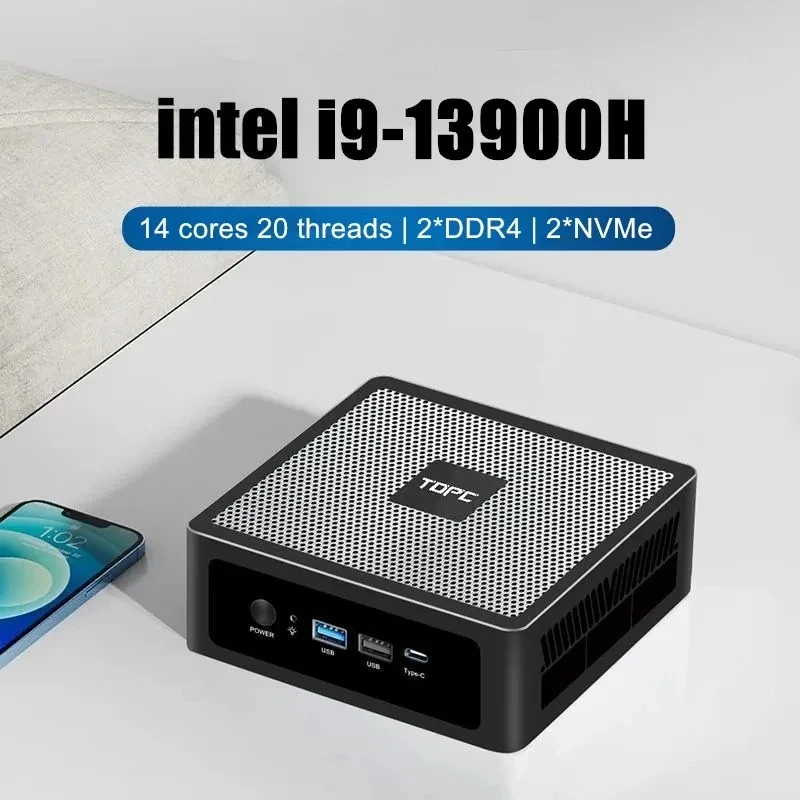 Mini PC TOPC de 13. a generación Intel Core i9 13900H i7 13700H i5 2xDDR4 2xNVMe 2xLAN Win11 Pro, ordenador de escritorio para Gamer, ordenador de oficina/hogar WiFi6E