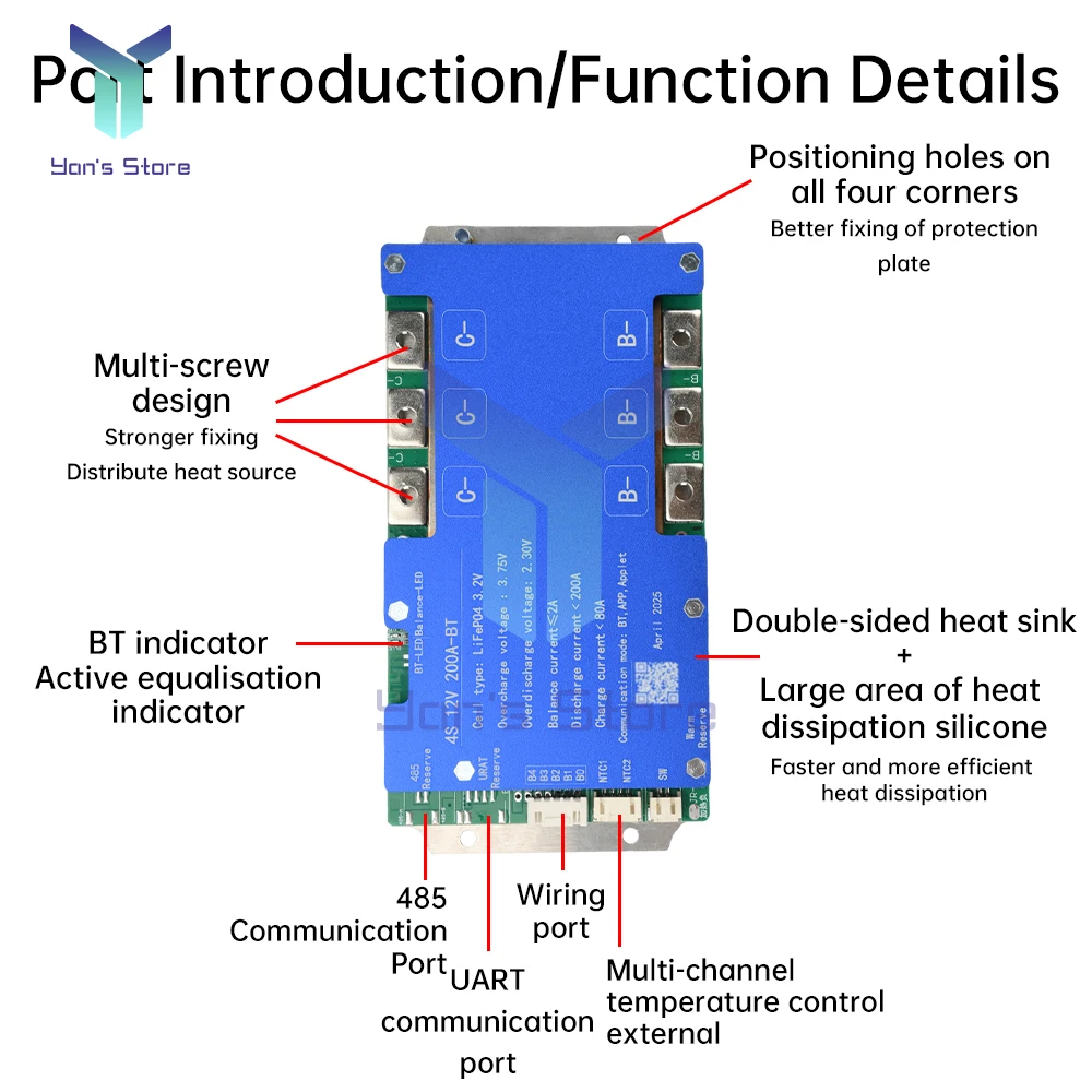 Bluetooth inteligente BMS 4S 8S 100A 200A Placa de protección de batería de litio Placa de equilibrio incorporado Bluetooth Bms compatible con 485/UART - imagen 5