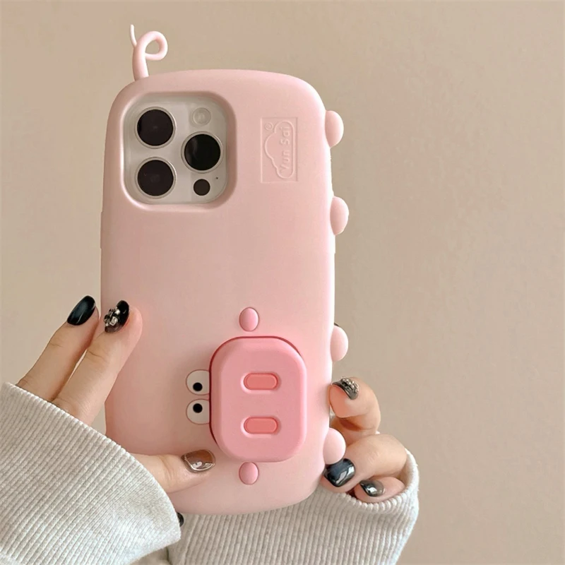Divertido lindo cerdo rosa soporte plegable funda para iPhone 16 Pro Max 15 13 14 funda trasera de teléfono de dibujos animados de silicona suave - imagen 2