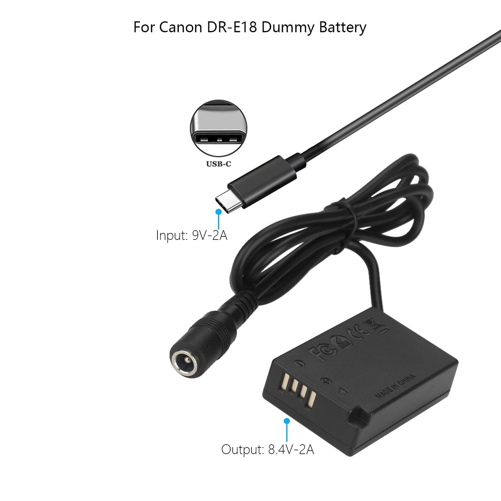 Cable USB-C de 2m LP-E17 ACK-E18 DR-E18 batería simulada para Canon EOS 750D Kiss X8i T6i 760D T6S 77D 800D 200D 250D Rebel SL2 - imagen 4