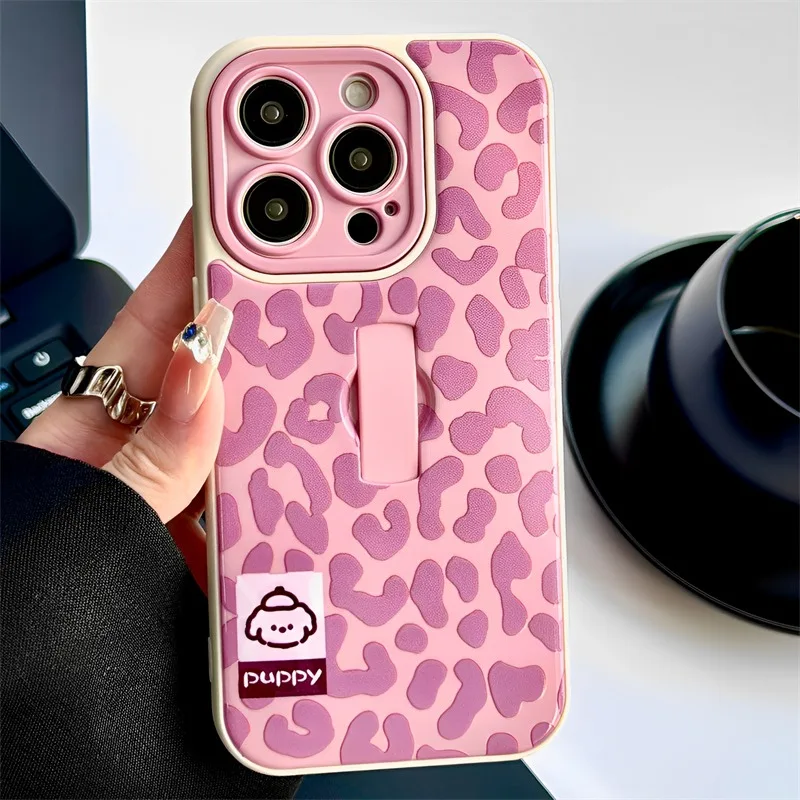 Lindo cachorro perro elegante estampado de leopardo anillo soporte funda para iPhone 17 16 15 14 13 12 11 Pro Max cubierta de teléfono TPU brillante - imagen 2