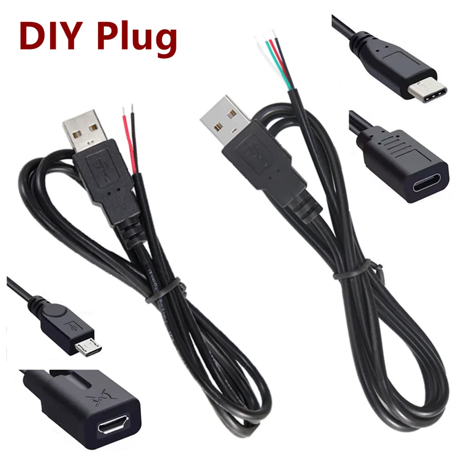 Conector USB tipo C macho hembra, conector de cargador de fuente de alimentación, 2 pines, 4 pines, USB-C, reparación DIY, Cable Micro USB, tipo soldadura, 1M, 2M