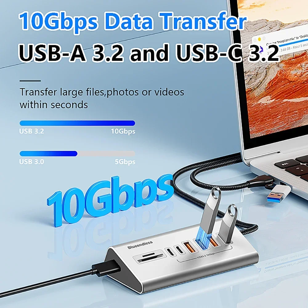 Estación de acoplamiento USB 3,2, 10Gbps, concentrador USB tipo C, divisor con lector de tarjetas, interruptor multi de 8/9 puertos de aleación de aluminio para PC y portátil - imagen 4