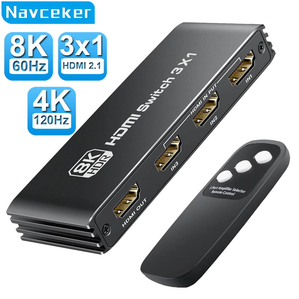 Navceker-conmutador HDMI 2,1, 8K, 60Hz, 4K120Hz, compatible con HDMI, salida 3 en 1, convertidor de Control remoto para monitores Xbox PS5