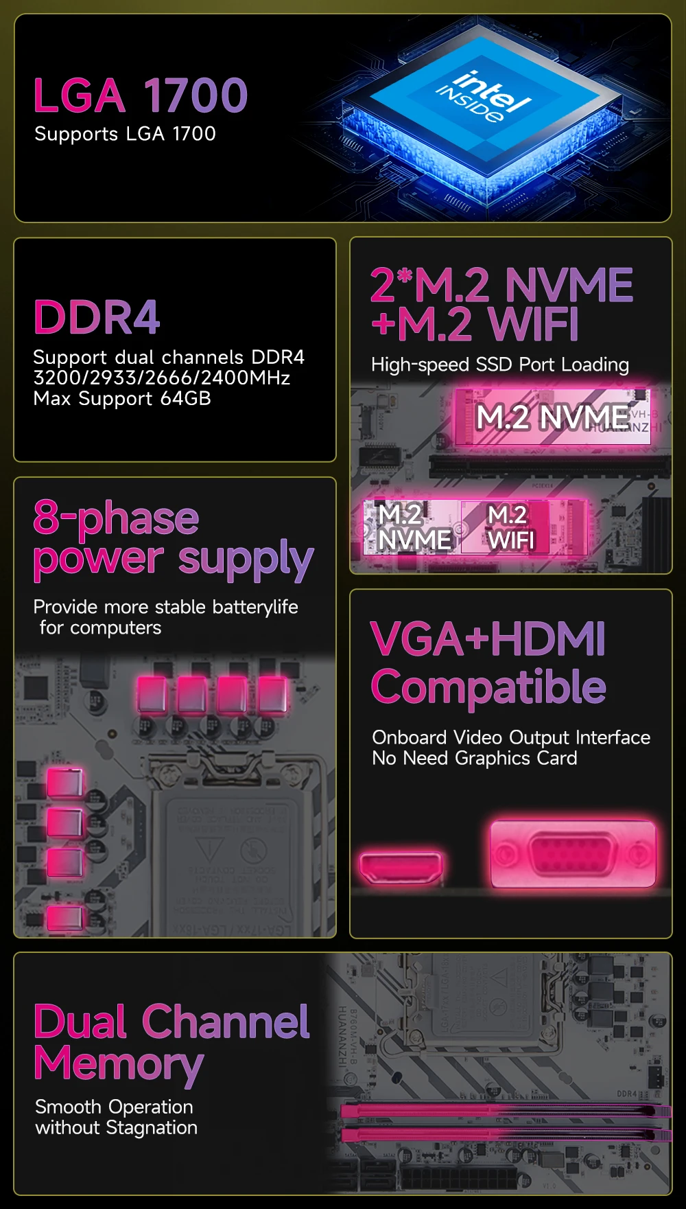 Placa base HUANANZHI B760M VH-B M-ATX DDR4 compatible con 12 13 Gen B760 Intel LGA 1700 CPU 12100F 12400F 12490F 12600F 12700F 13600F - imagen 3