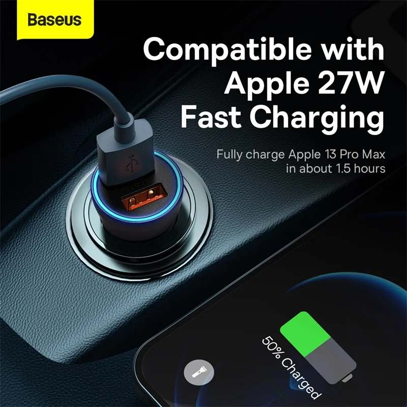 Baseus 60W Cargador de coche de metal Cargador rápido USB dual para iPhone Samsung HUAWEI Xiaomi Cargador de teléfono de coche - imagen 3