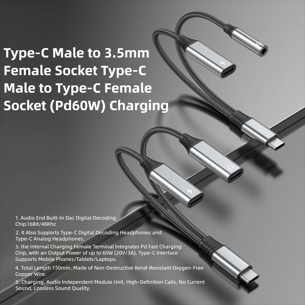 Nuevo Cable adaptador 2 en 1 tipo C a 3,5 MM para Samsung S25 Ultra Note Xiaomi 15 iPhone Huawei conector de carga rápida divisor de auriculares - imagen 3