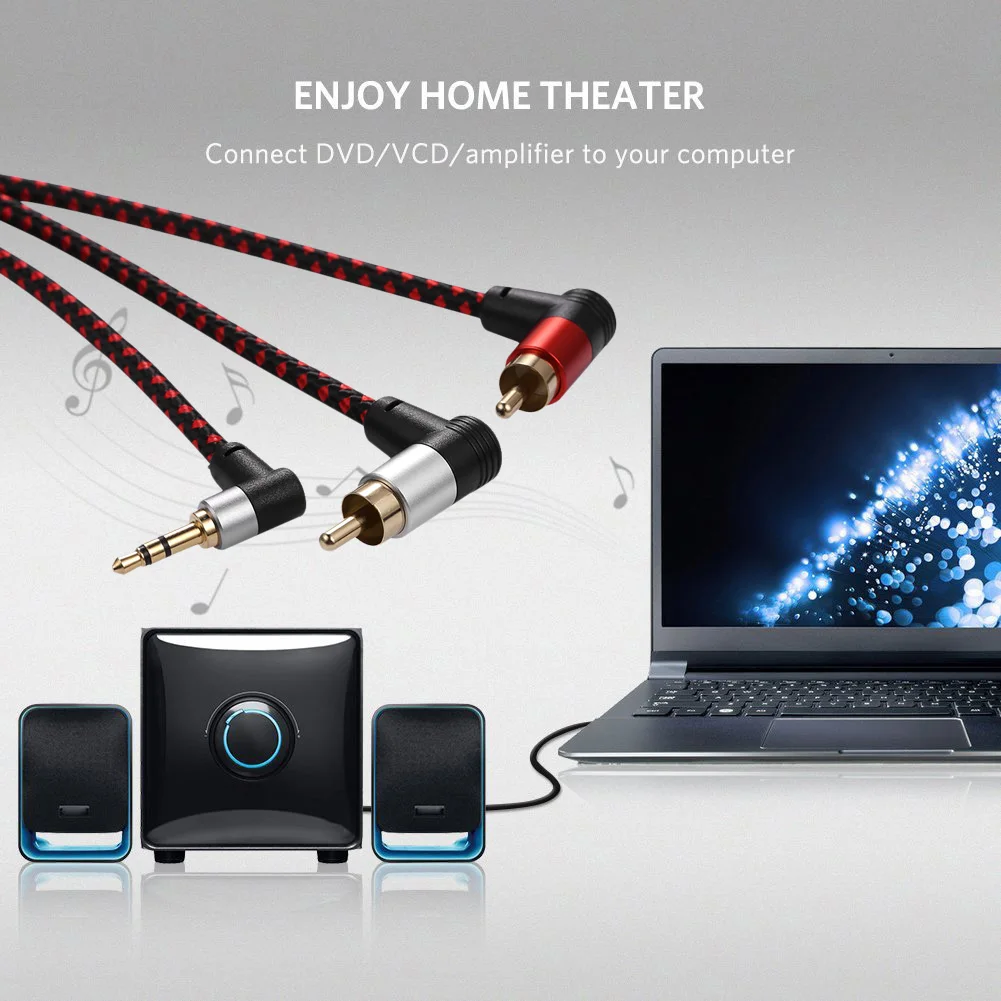 Nku 90 grados 3,5mm macho a 2 RCA macho Jack Cable de Audio duradero práctico ángulo recto AUX Y Cable divisor para amplificador MP3 - imagen 5