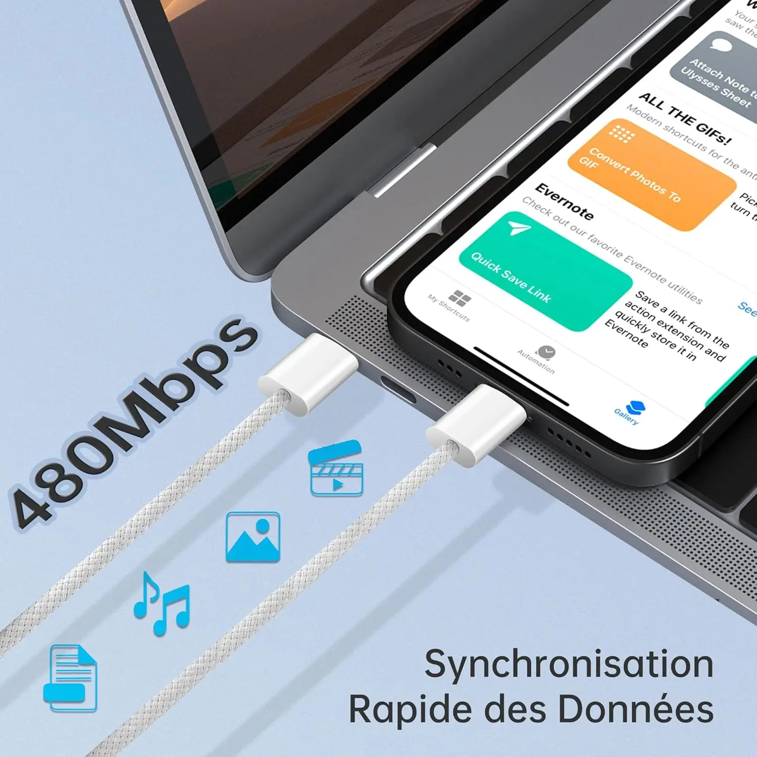 Cable de carga rápida PD USB-C a USB-C de 60W para iPhone 15 Plus 16 Pro Max Samsung Cable trenzado de carga rápida Dual tipo C con caja - imagen 5