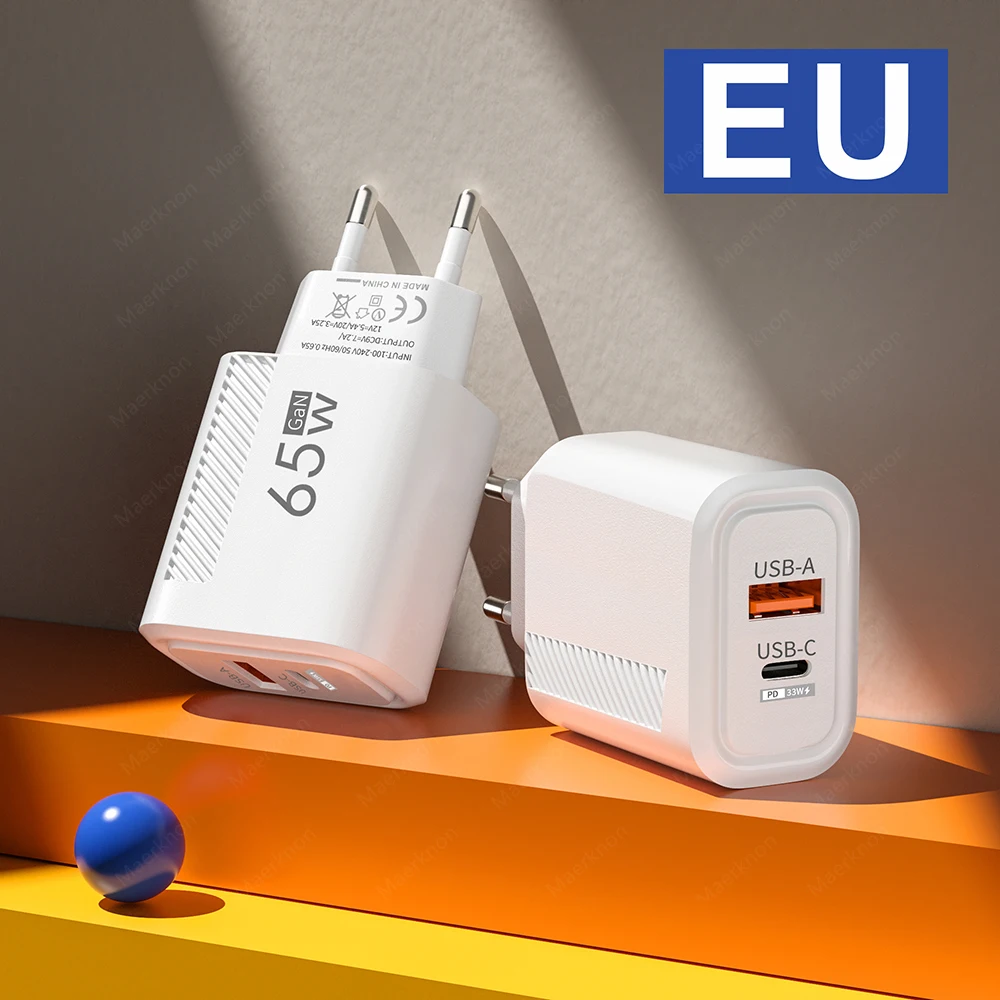 GaN cargador USB tipo C de carga rápida, adaptador de cargador de teléfono con enchufe europeo/estadounidense para iPhone, Samsung, Xiaomi, Huawei, cargador de pared portátil, 65W - imagen 4