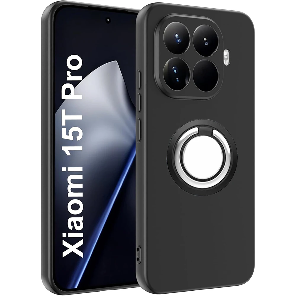Soporte de anillo, funda negra mate, funda suave de TPU a prueba de golpes con soporte para Xiaomi 15T 15TPro Pro