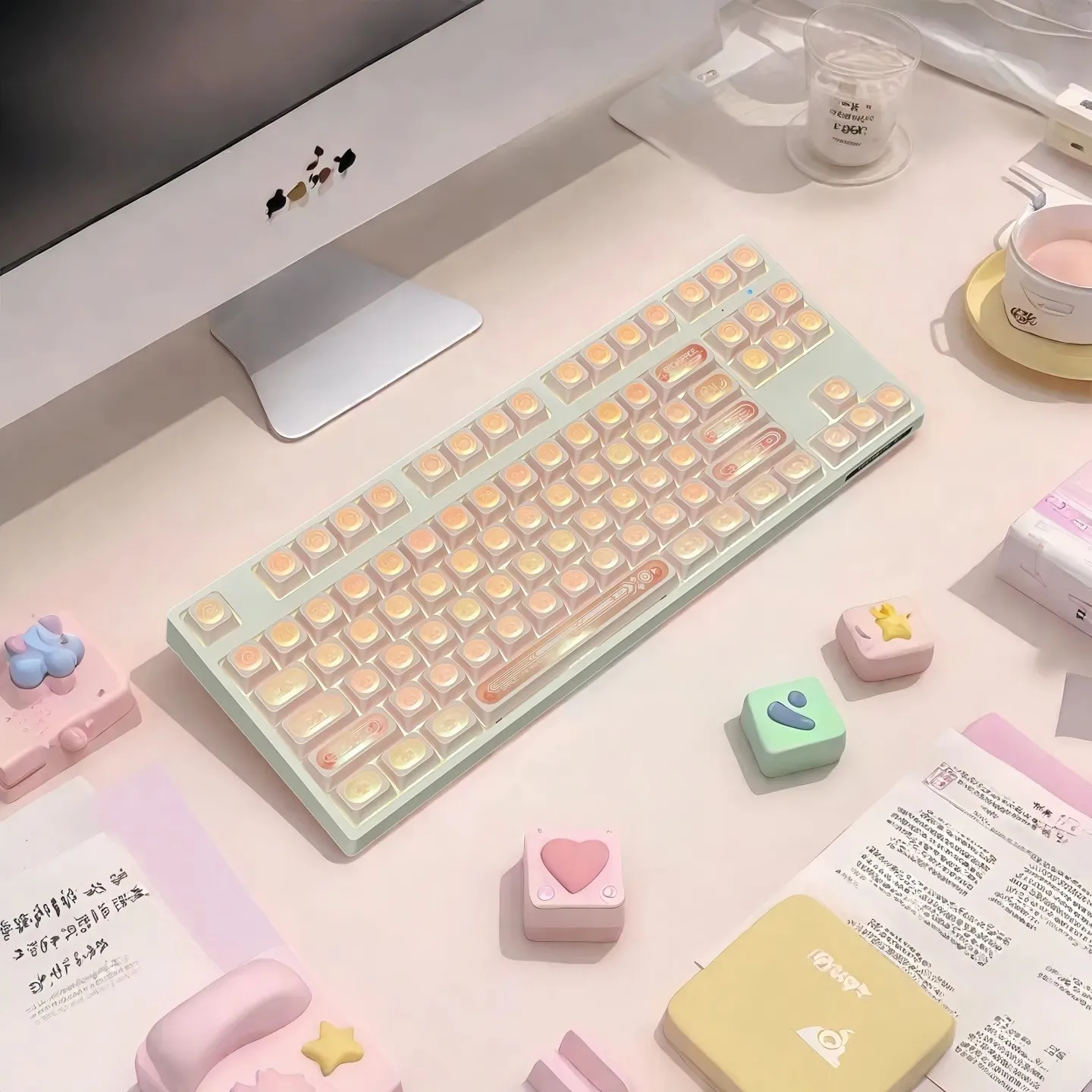 136 teclas Dye-Sub Shine-Through PBT Keycaps Cherry Profile Pink Cat Eye PC Key cap Set para interruptores MX Teclado mecánico para jugar - imagen 2
