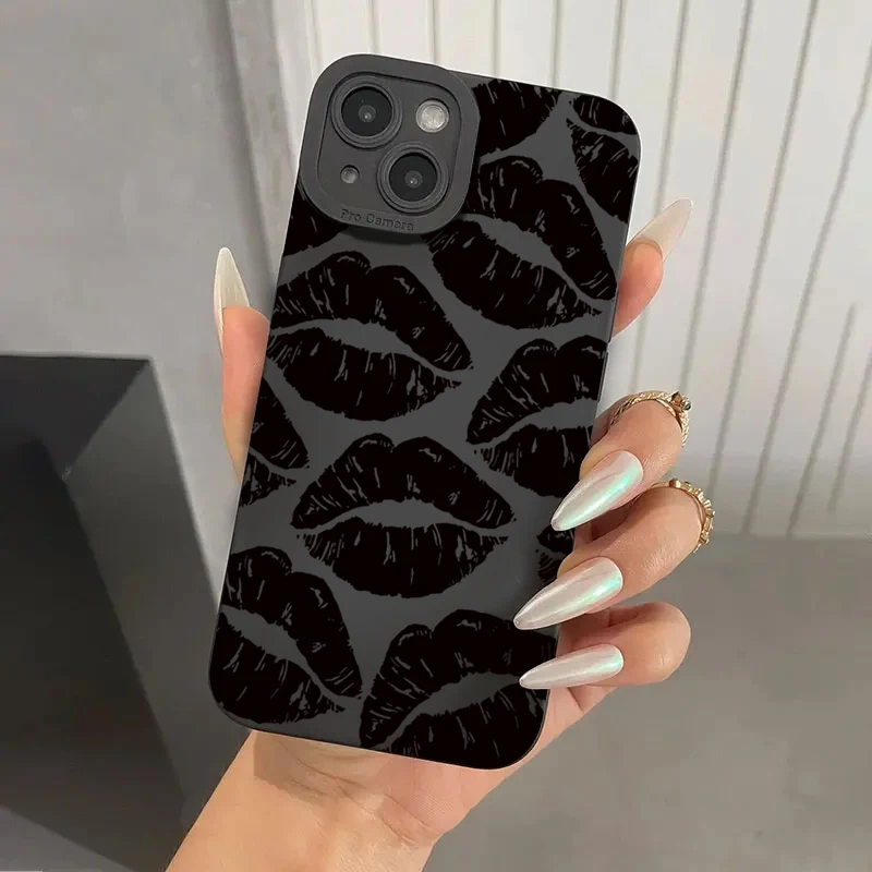 Funda protectora para teléfono móvil Kiss de labios negros para iPhone 16 Pro Max 15 14 13 12 11 Pro Max 7 8 14 15 Plus SE 2 X XS XR cubierta mate - imagen 2