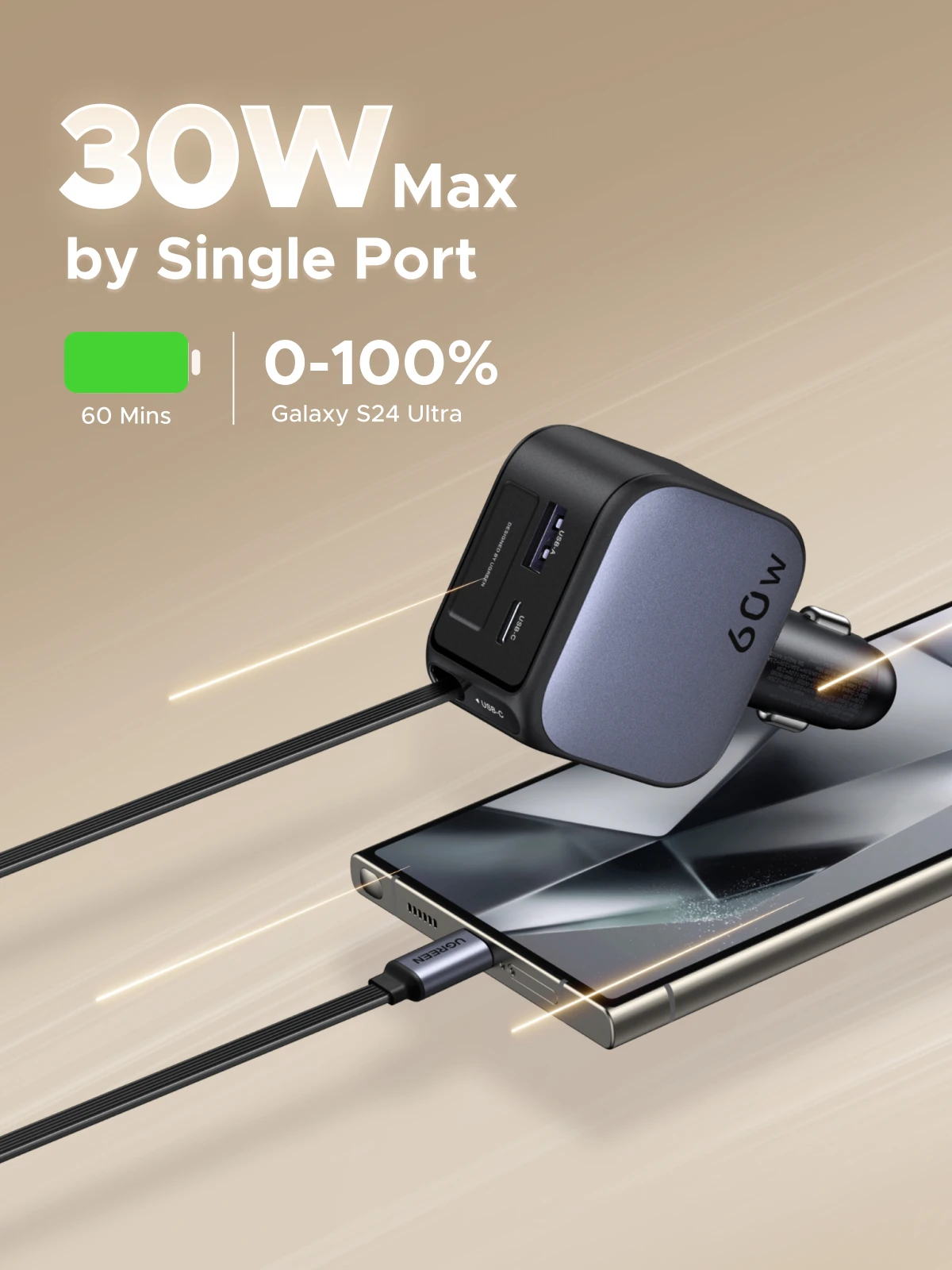 Cargador de coche retráctil UGREEN 60W carga rápida para iPhone Samsung cargador de coche para teléfono móvil - imagen 3